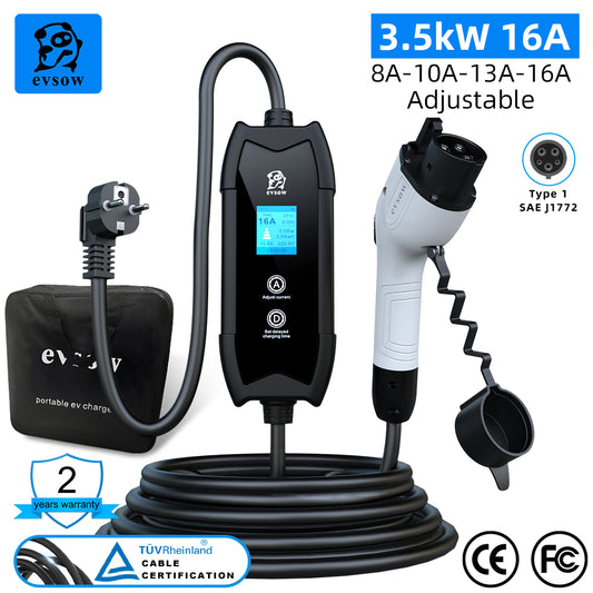 evsow 3.5KW 16A Portable EV Charger Type1 SAE J1772 1P Electric Car Charger Adjustable Current&Set Charging Time EVSE Wallbox