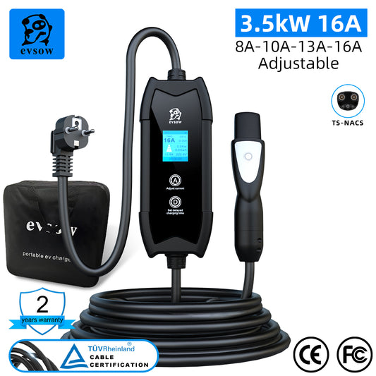 evsow For Tesla EV Charger 3.5KW 16A 1P Electric Car Charger TS-NACS Electric Car Charger Adjustable Current&Set Charging Time