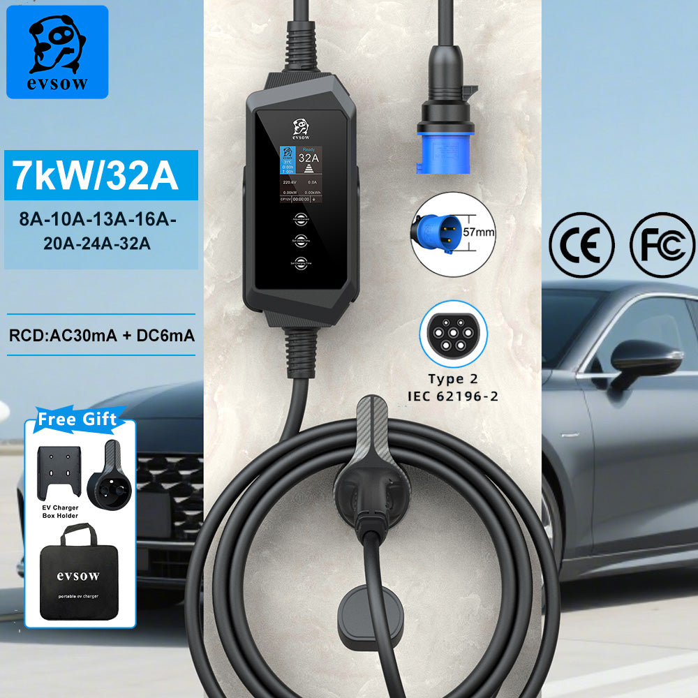 evsow Portable EV Charger Type2 7kW 32A Single Phase Electric Car Charger Adjustable Current&Set Charger Time EVSE Charger Wallbox
