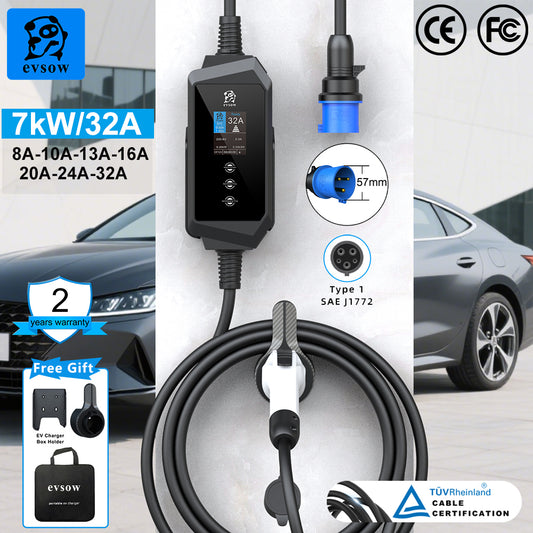 evsow EV Charger Type1 SAE J1772 7.6kW/9.6kW 12 kW Single Phase Electric Car Charger 32A 40A 50A Adjustable Current&Set Charging Time