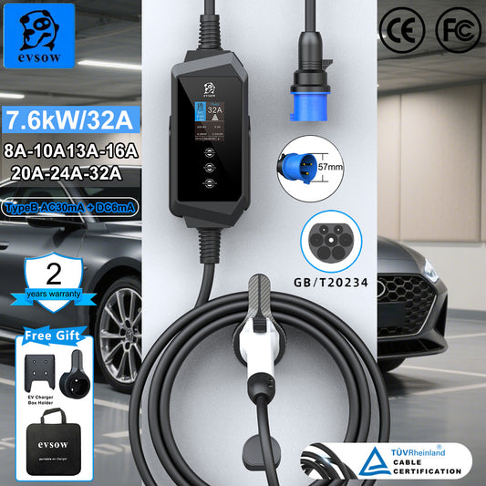 evsow Portable EV Charger GBT 7kW 32A Single Phase Wallbox Electric Car Charger Adjustable Current&Set Charging Time