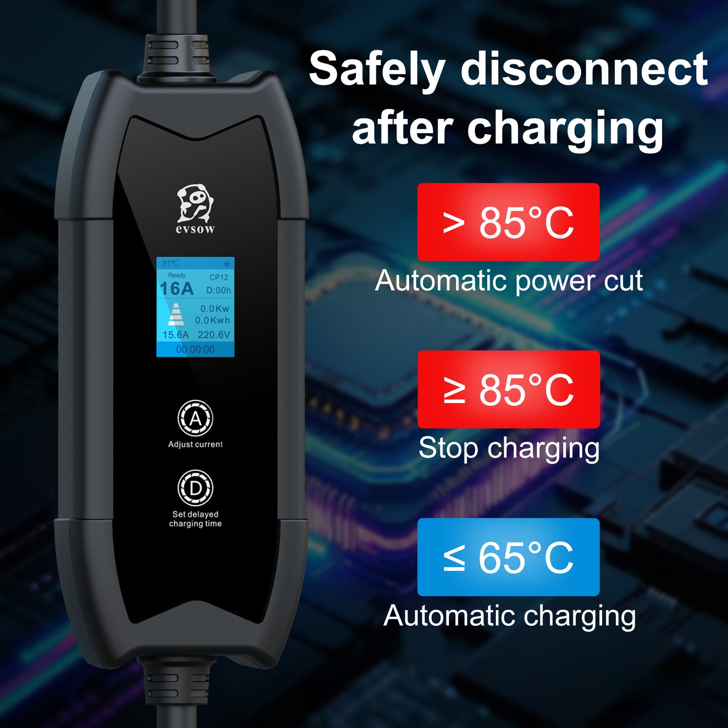 evsow 3.5KW 16A Portable EV Charger Type1 SAE J1772 1P Electric Car Charger Adjustable Current&Set Charging Time EVSE Wallbox
