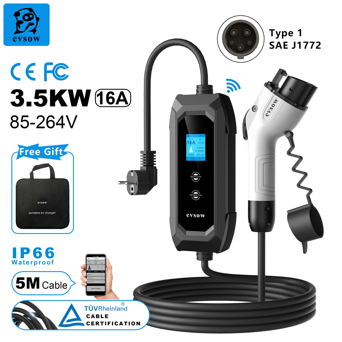 evsow Portable EV Charger Type1 With WIFI APP Control 3.5KW 16A 1P Electric Car Charger Adjustable Current&Set Charging Time