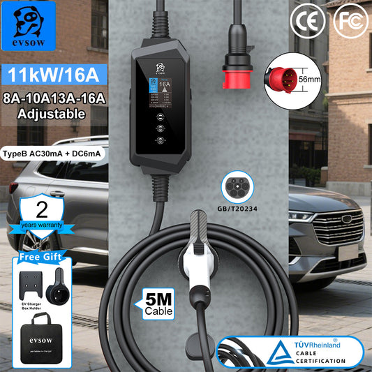 evsow Portable EV Charger GBT 11kW 16A Three Phase Wallbox Electric Car Charger Adjustable Current&Set Charging Time