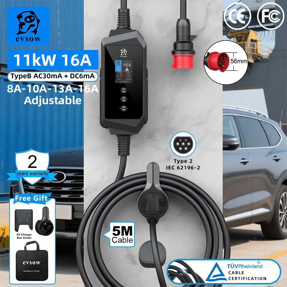 evsow Portable EV Charger Type2 IEC62196-2 11KW 16A 3P Electric Car Charger Current Adjustable&Setting Charging Time EVSE Wallbox