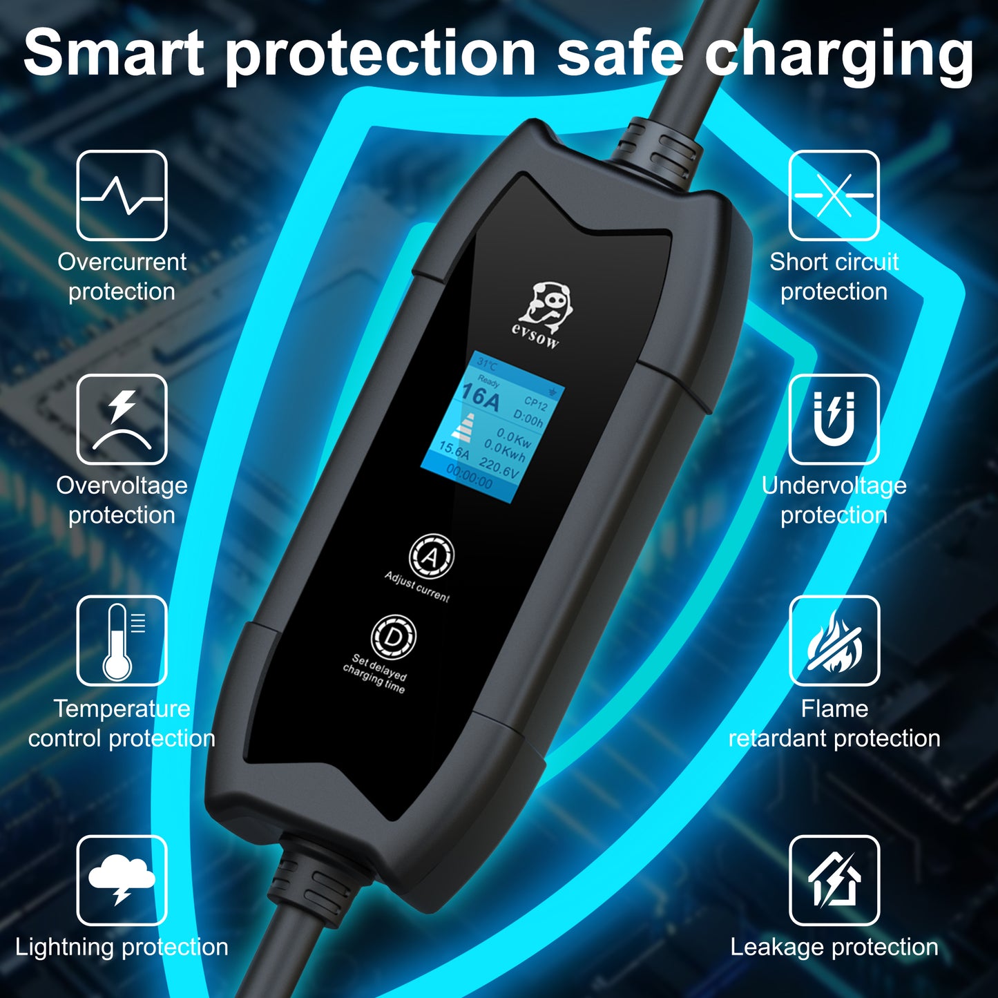 evsow 3.5KW 16A Portable EV Charger Type1 SAE J1772 1P Electric Car Charger Adjustable Current&Set Charging Time EVSE Wallbox