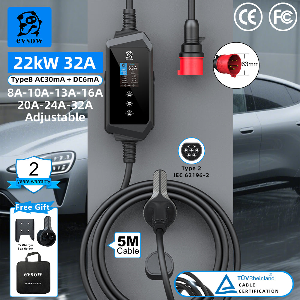 evsow Portable EV Charger Type2 IEC62196-2 22kW 32A 3P Electric Car Charger Adjustable Current&Set Charger Time EVSE Charger Wallbox