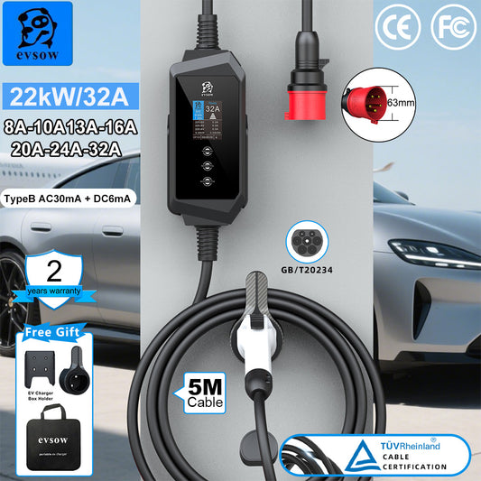 evsow Portable EV Charger GB/T 22KW 32A 3Phase Wallbox Electric Car Charger Adjustable Current&Set Charging Time