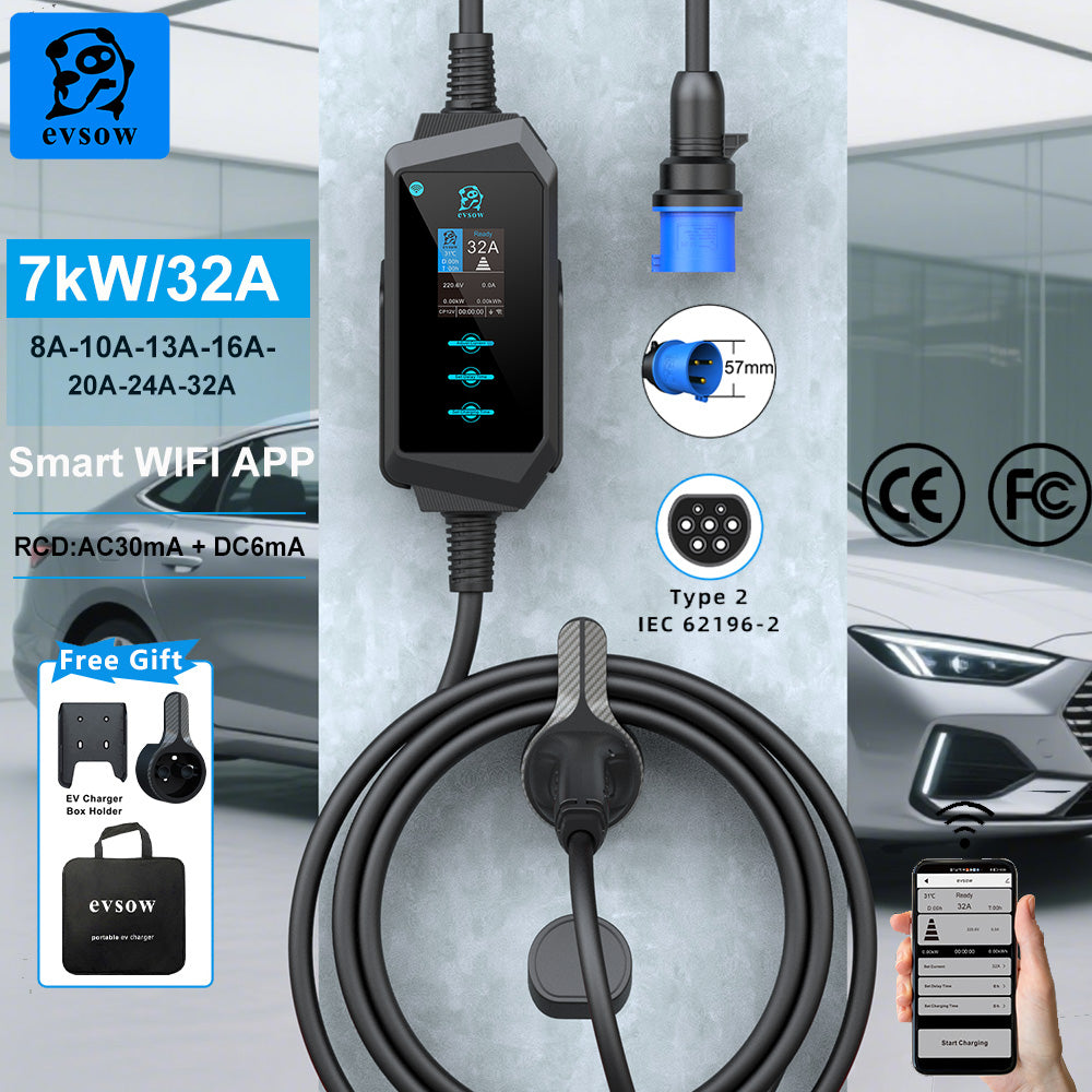 evsow Portable EV Charger Type2 IEC62196-2 7kW 32A Smart WIFI APP Control Adjustable Current&Set Charging Time EVES
