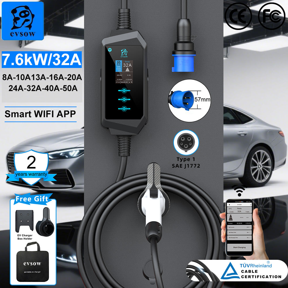 evsow Portable EV Charger Type1 With WIFI APP Control Electric Vehicle Charger 7kW 9.6kW 12kW 32A 40A 50A Electric Vehicle Charger