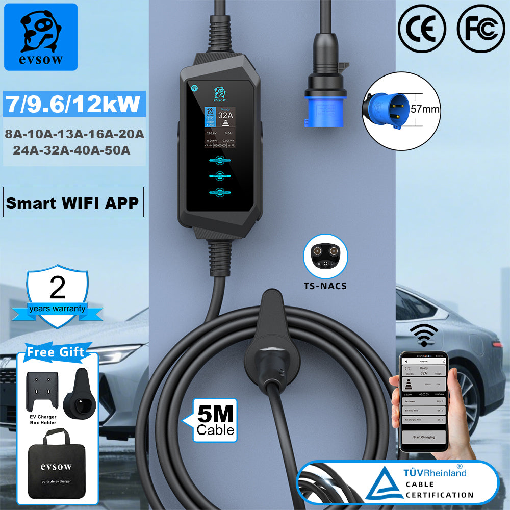 evsow Portable EV Charger For Tesla 7kW 9.6kW 12kW 32A Single Phase With WIFI APP Control EVSE Wallbox 40A 50A Charging Station