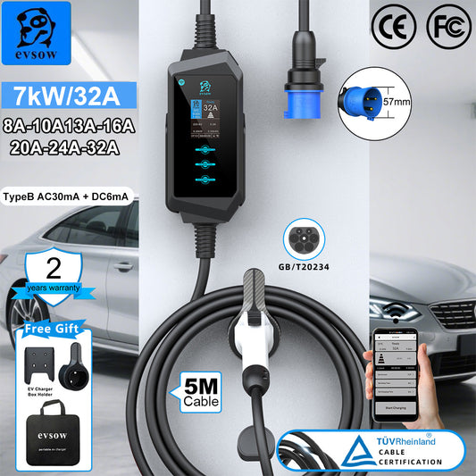evsow Portable EV Charger GBT 7kW 32A Single Phase With WIFI APP Control Electric Car Charger Adjudtable Current&Set Charging Time