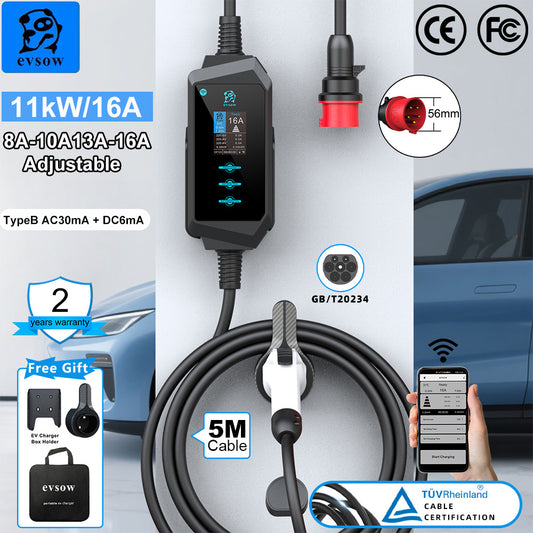 evsow Portable EV Charger GBT 11kW 16A 3Phase With WIFI APP Control Electric Car Charger Adjudtable Current&Set Charging Time