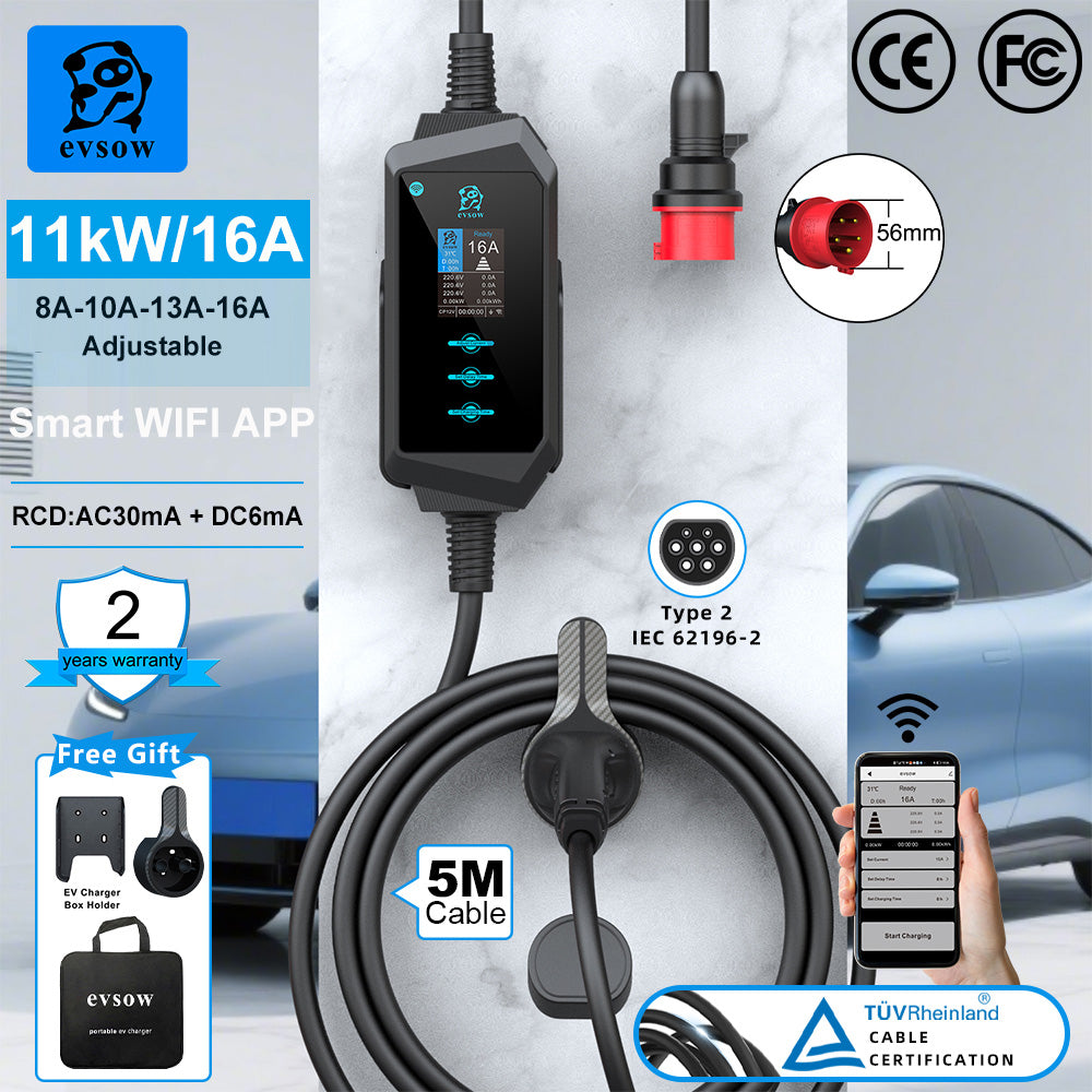 evsow Portable EV Charger Type2 IEC62196-2 11kW 16A Smart WIFI APP Control Adjustable Current&Set Charging Time 3P EVES