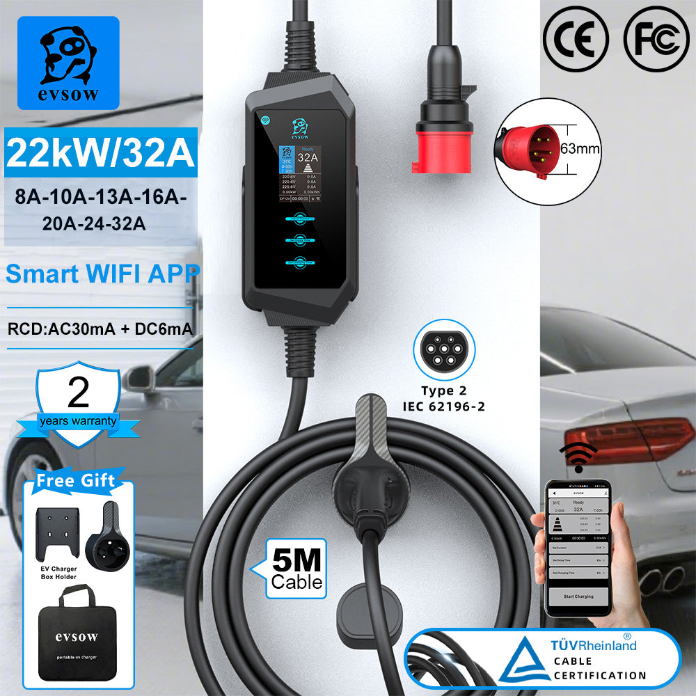 evsow Portable EV Charger Type2 IEC62196-2 22KW 32A 3P Electric Car Charger EVSE Wallbox With WIFI APP Control Adjust Current&Seting Time