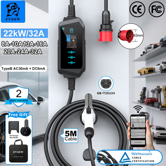 evsow Portable EV Charger GBT 22KW 32A 3Phase Electric Car Charger With WIFI APP Control Wallbox Adjudtable Current&Set Charging Time