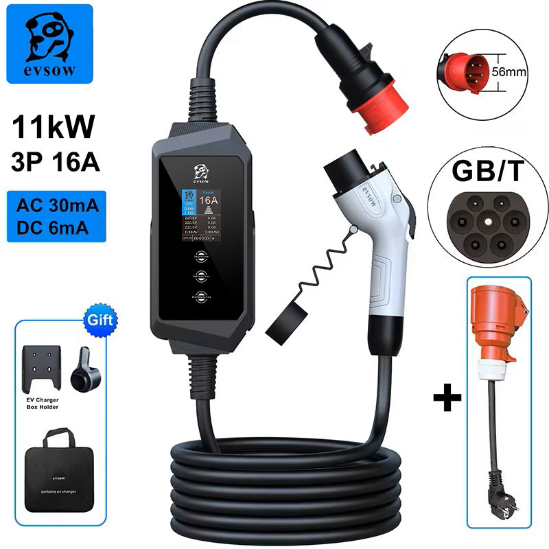 evsow Portable EV Charger GBT 11kW 16A Three Phase Wallbox Electric Car Charger Adjustable Current&Set Charging Time