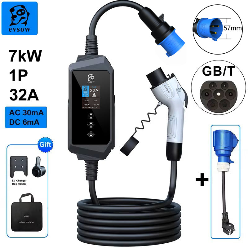 evsow Portable EV Charger GBT 7kW 32A Single Phase Wallbox Electric Car Charger Adjustable Current&Set Charging Time