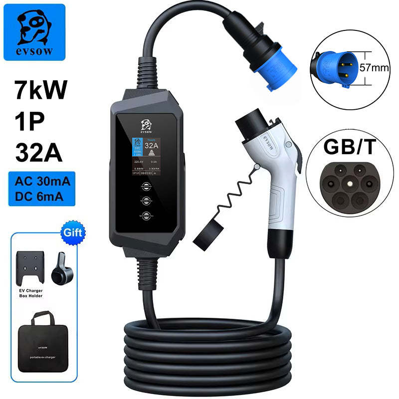 evsow Portable EV Charger GBT 7kW 32A Single Phase Wallbox Electric Car Charger Adjustable Current&Set Charging Time