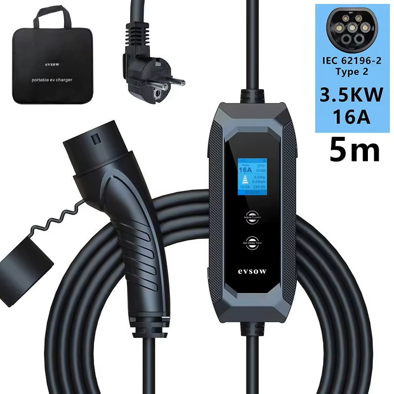 evsow Type2 Portable EV Charger IEC 6219-2 3.5kW 16A 1P Electric Car Charger Wallbox EVSE Adjustable Current&Set Charging Time