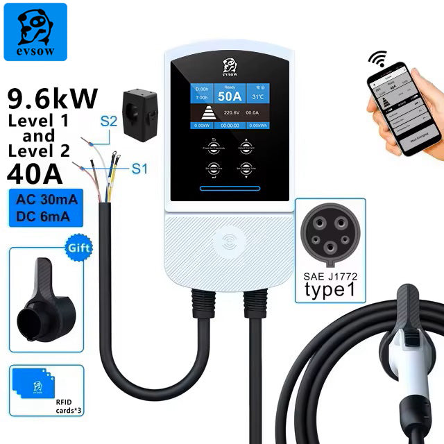 evsow EV Charger Wallbox Type1 SAE J1772 Dynamic Load Blancing 7.6kW 32A 9.6kW 40A 12kW 50A Single Phase With WIFI APP Control Electric Car Charger EVSE Wallbox