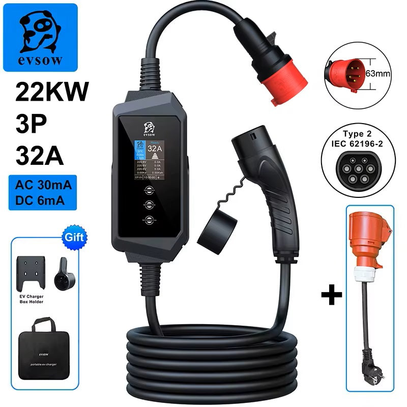 evsow Portable EV Charger Type2 IEC62196-2 22kW 32A 3P Electric Car Charger Adjustable Current&Set Charger Time EVSE Charger Wallbox