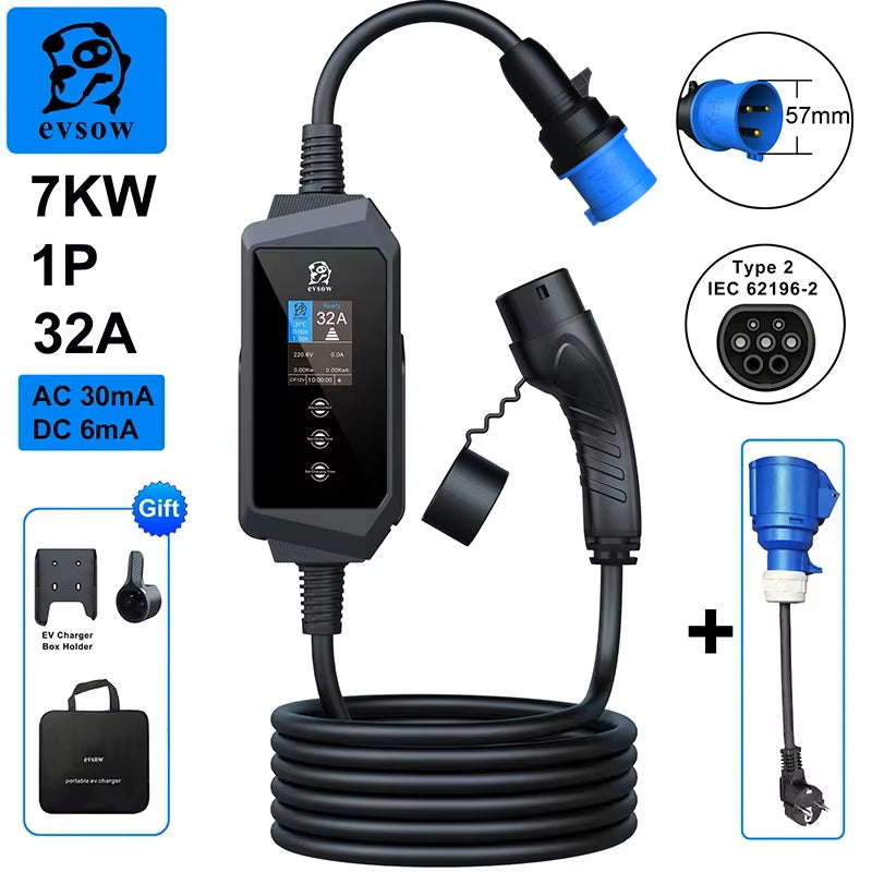evsow Portable EV Charger Type2 7kW 32A Single Phase Electric Car Charger Adjustable Current&Set Charger Time EVSE Charger Wallbox