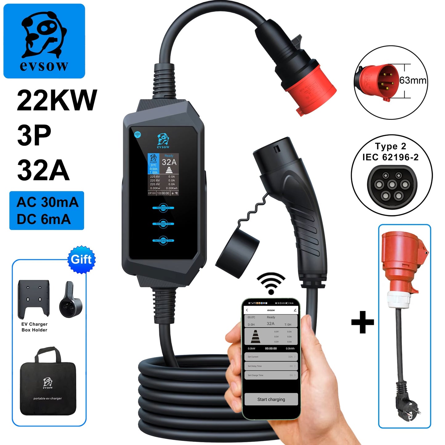 evsow Portable EV Charger Type2 IEC62196-2 22KW 32A 3P Electric Car Charger EVSE Wallbox With WIFI APP Control Adjust Current&Seting Time