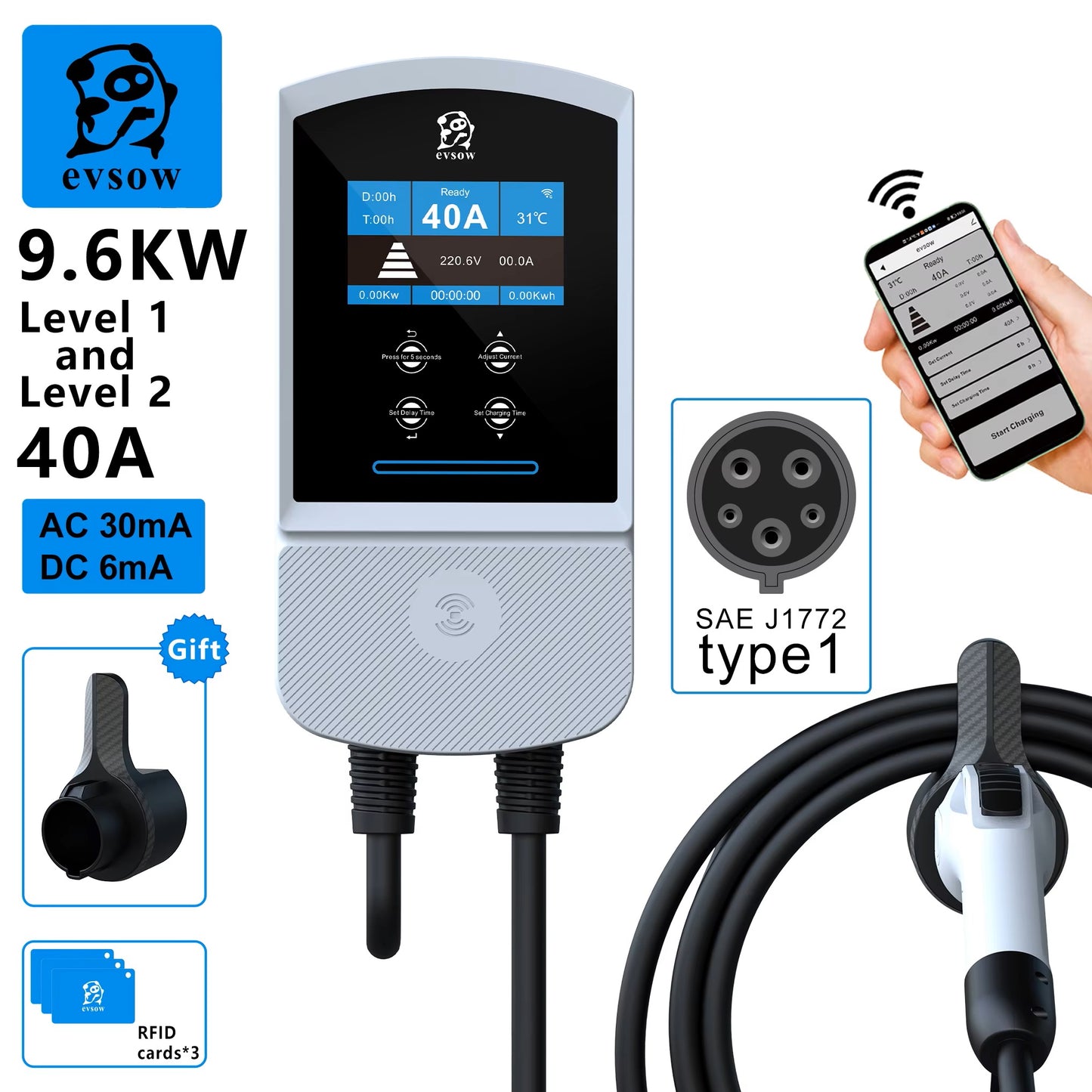 evsow EV Charger Wallbox Type1 SAE J 1772 7.6kW 32A 9.6kW 40A 12kW 50A Single Phase With WIFI APP Control EVSE Wallbox