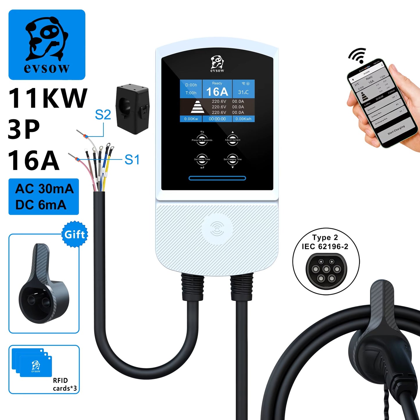 evsow EV Charger Wallbox Type2 IEC 62196-2 7.6kW 32A 11kW 16A 22kW 32A Dynamic Load Blancing Electric Car Charger With APP EVSE Wallbox
