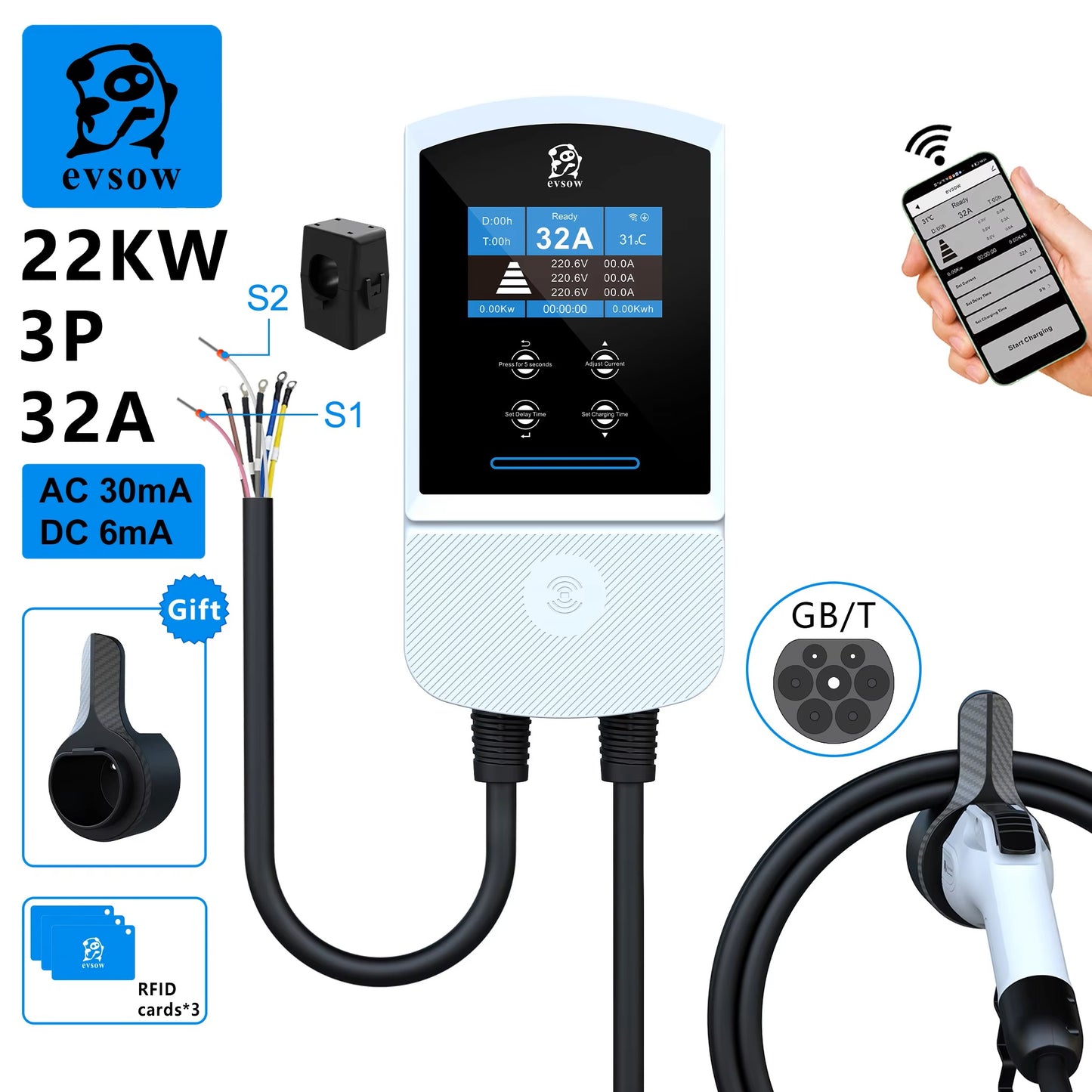 evsow EV Charger Wallbox GBT Dynamic Load Blancing 7.6kW 32A 11kW 16A 22kW 32A 1P/3P With WIFI APP Control EVSE Wallbox