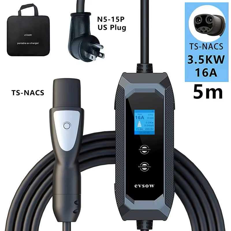 evsow For Tesla EV Charger TS-NACS 3.5KW 16A 1P Electric Car Charger EVSE Wallbox Charger Adjustable Current&Set Charging Time