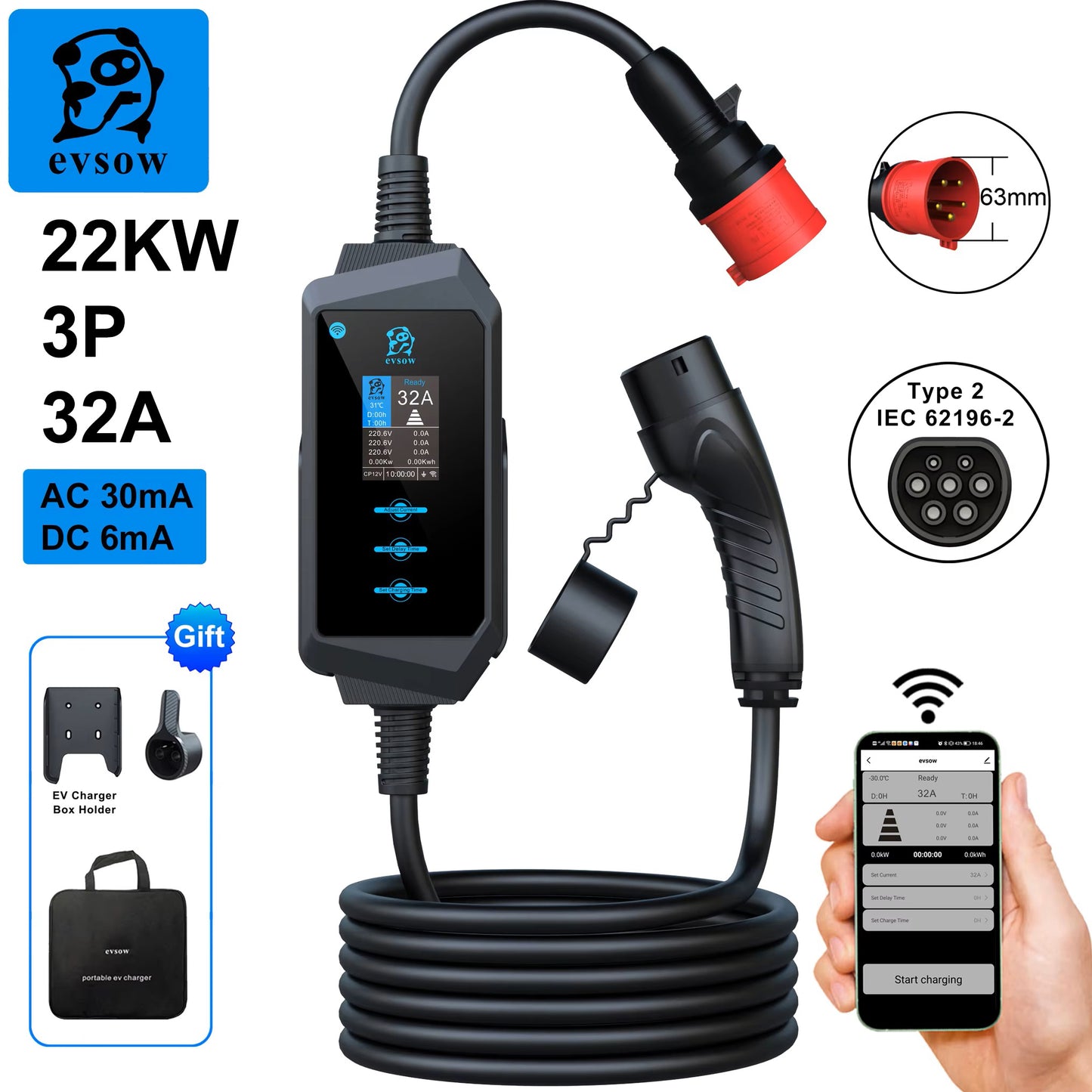 evsow Portable EV Charger Type2 IEC62196-2 22KW 32A 3P Electric Car Charger EVSE Wallbox With WIFI APP Control Adjust Current&Seting Time