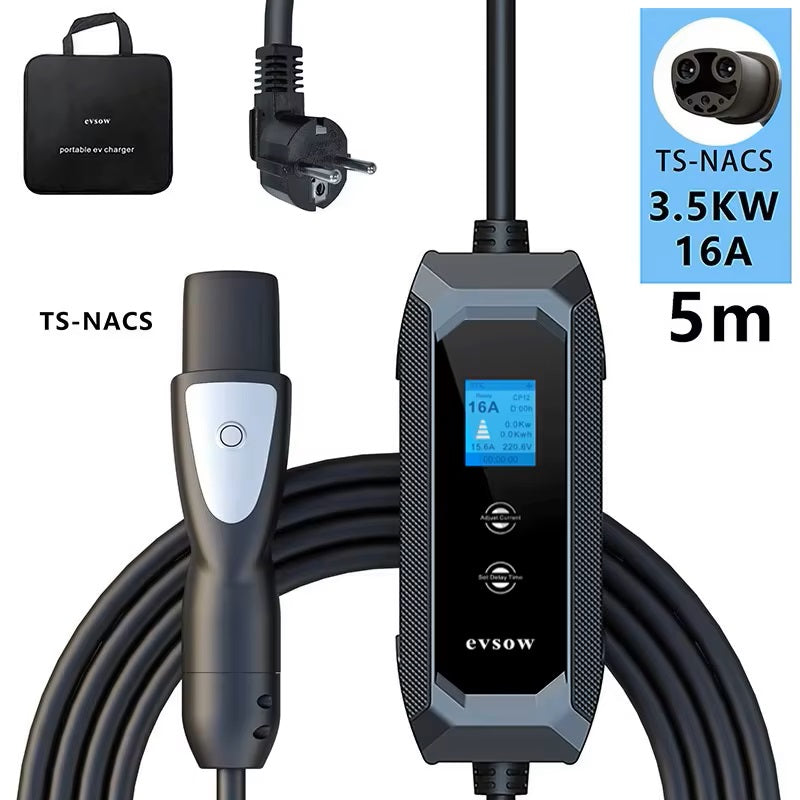 evsow For Tesla EV Charger TS-NACS 3.5KW 16A 1P Electric Car Charger EVSE Wallbox Charger Adjustable Current&Set Charging Time