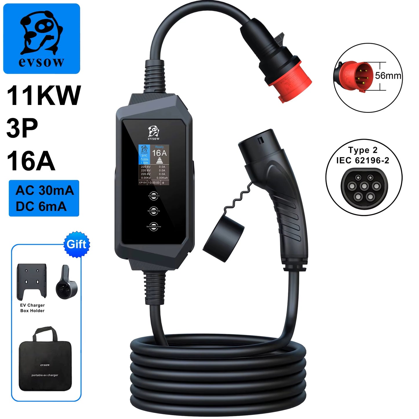 evsow Portable EV Charger Type2 IEC62196-2 11KW 16A 3P Electric Car Charger Current Adjustable&Setting Charging Time EVSE Wallbox
