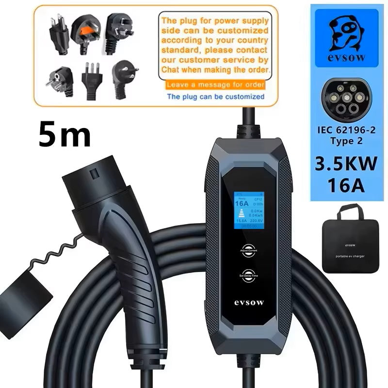 evsow Type2 Portable EV Charger IEC 6219-2 3.5kW 16A 1P Electric Car Charger Wallbox EVSE Adjustable Current&Set Charging Time