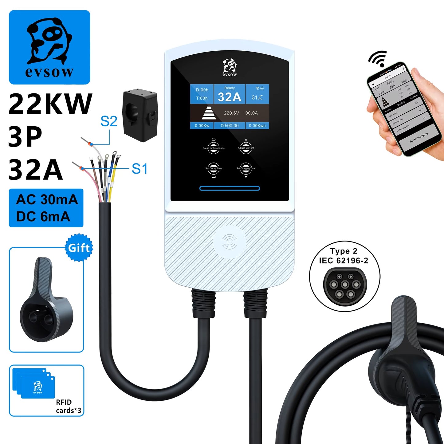 evsow EV Charger Wallbox Type2 IEC 62196-2 7.6kW 32A 11kW 16A 22kW 32A Dynamic Load Blancing Electric Car Charger With APP EVSE Wallbox