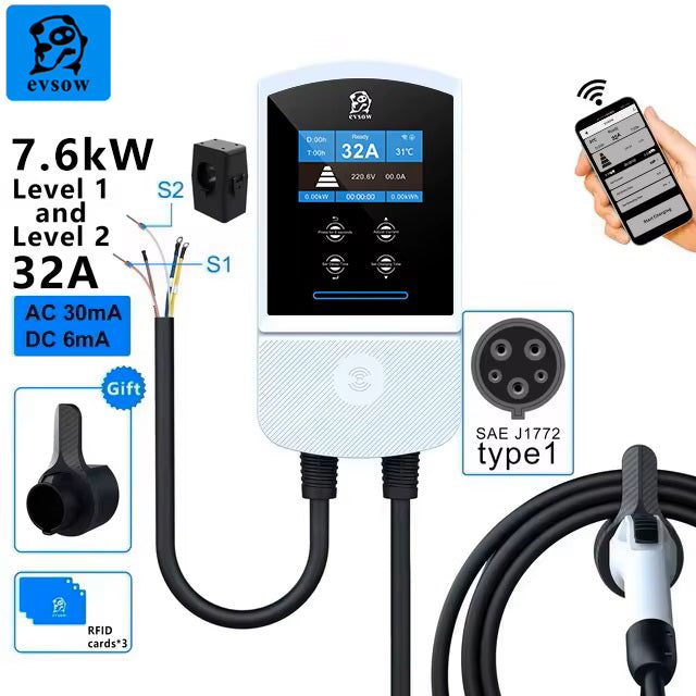 evsow EV Charger Wallbox Type1 SAE J1772 Dynamic Load Blancing 7.6kW 32A 9.6kW 40A 12kW 50A Single Phase With WIFI APP Control Electric Car Charger EVSE Wallbox