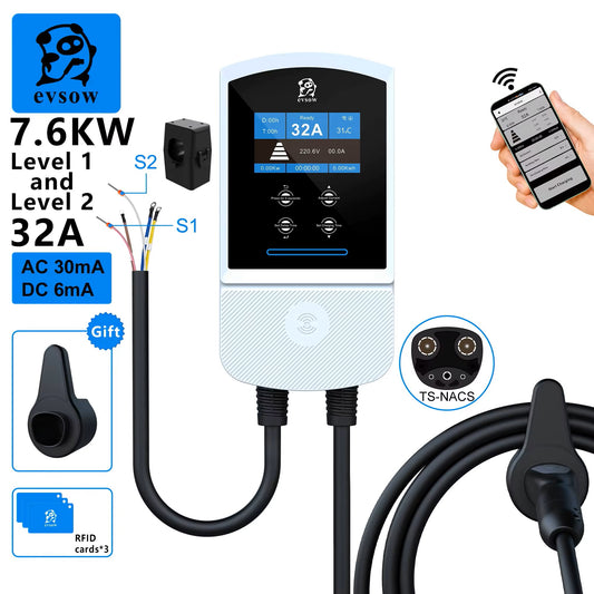 evsow EV Charger Wallbox For Tesla Dynamic Load Blancing EVSE Wallbox 7.6kW 32A 9.6kW 40A 12kW 50A Single Phase With WIFI APP Control
