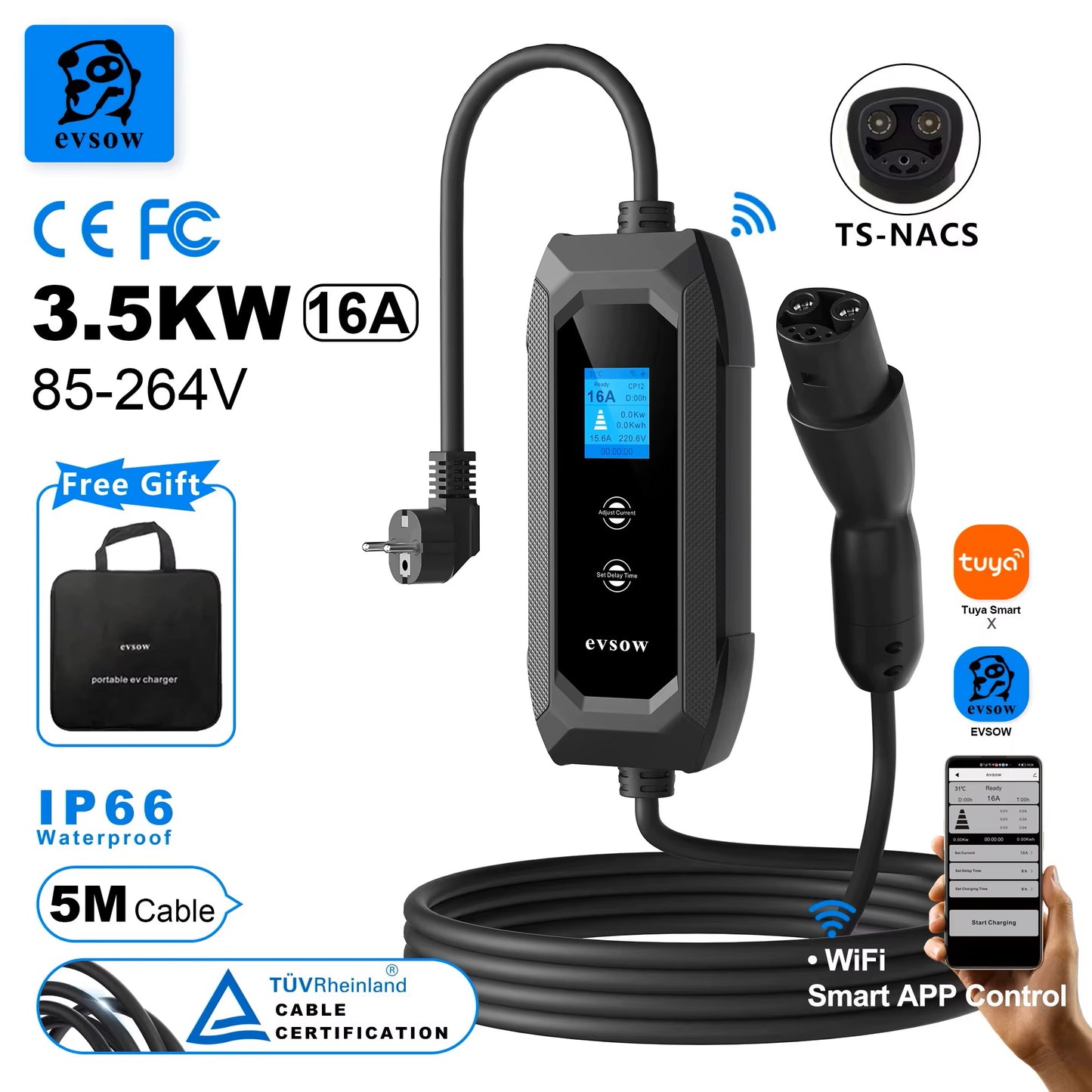 evsow Portable EV Charger For Tesla Cars Models 3/Y/S/X With WIFI APP Control 3.5KW 16A 1P Adjustable Current&Set Charging Time