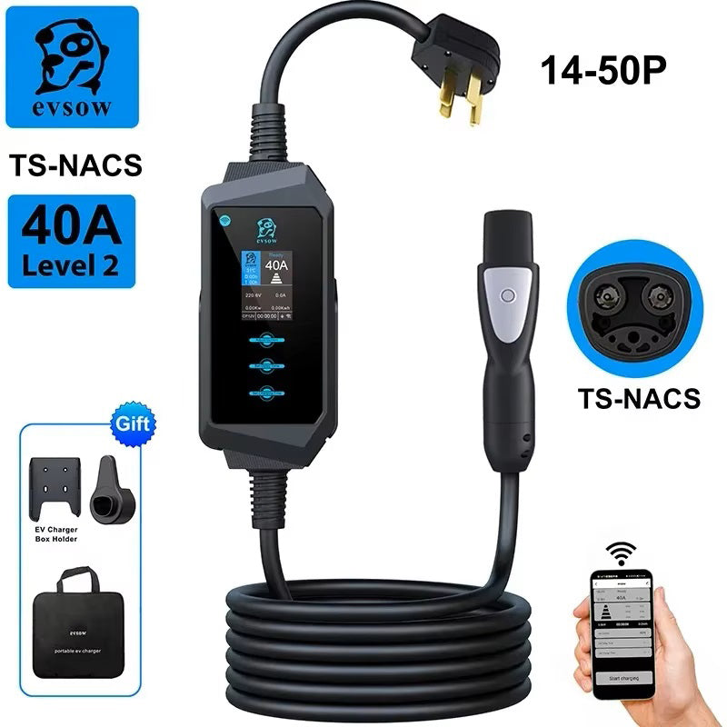 evsow Portable EV Charger For Tesla 7kW 9.6kW 12kW 32A Single Phase With WIFI APP Control EVSE Wallbox 40A 50A Charging Station