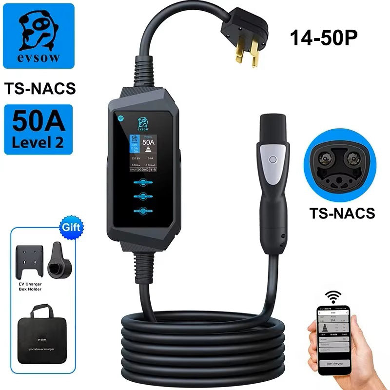 evsow Portable EV Charger For Tesla 7kW 9.6kW 12kW 32A Single Phase With WIFI APP Control EVSE Wallbox 40A 50A Charging Station