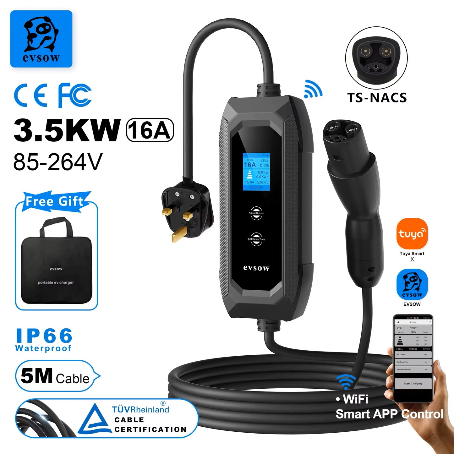 evsow Portable EV Charger For Tesla Cars Models 3/Y/S/X With WIFI APP Control 3.5KW 16A 1P Adjustable Current&Set Charging Time