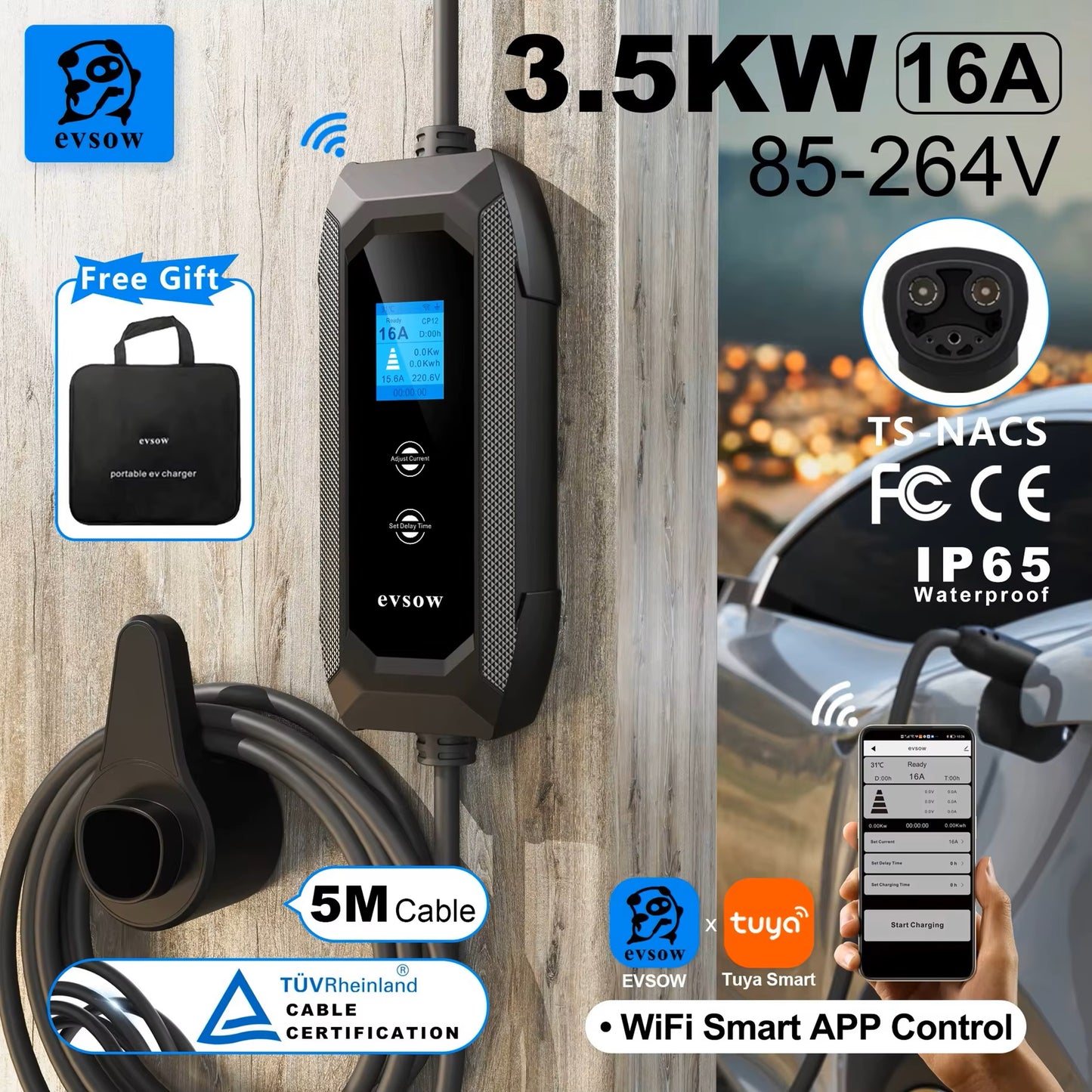 evsow Portable EV Charger For Tesla Cars Models 3/Y/S/X With WIFI APP Control 3.5KW 16A 1P Adjustable Current&Set Charging Time