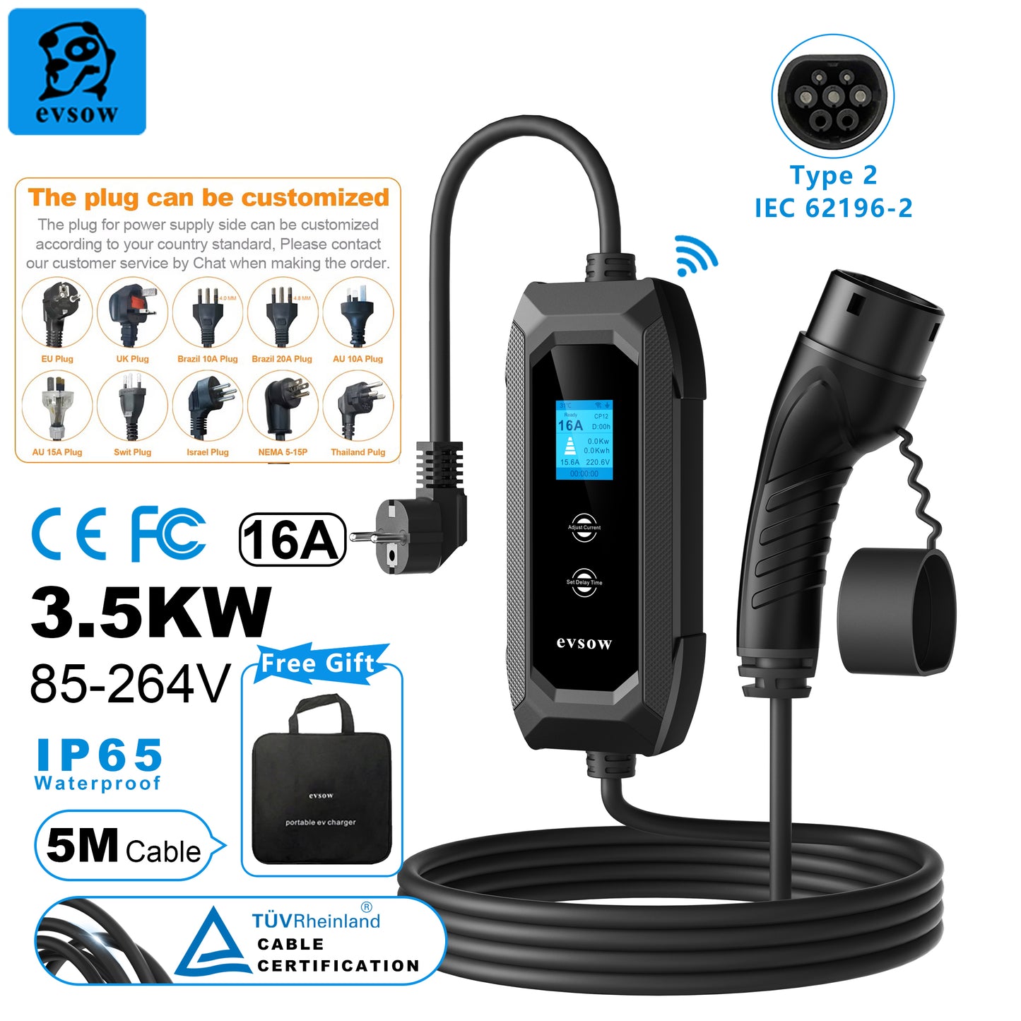 evsow WIFI EV Charger Type2 3.5kW 16A 1P Electric Car Charger With APP Control Adjustable Current&Set Charging Time EVSE Charger