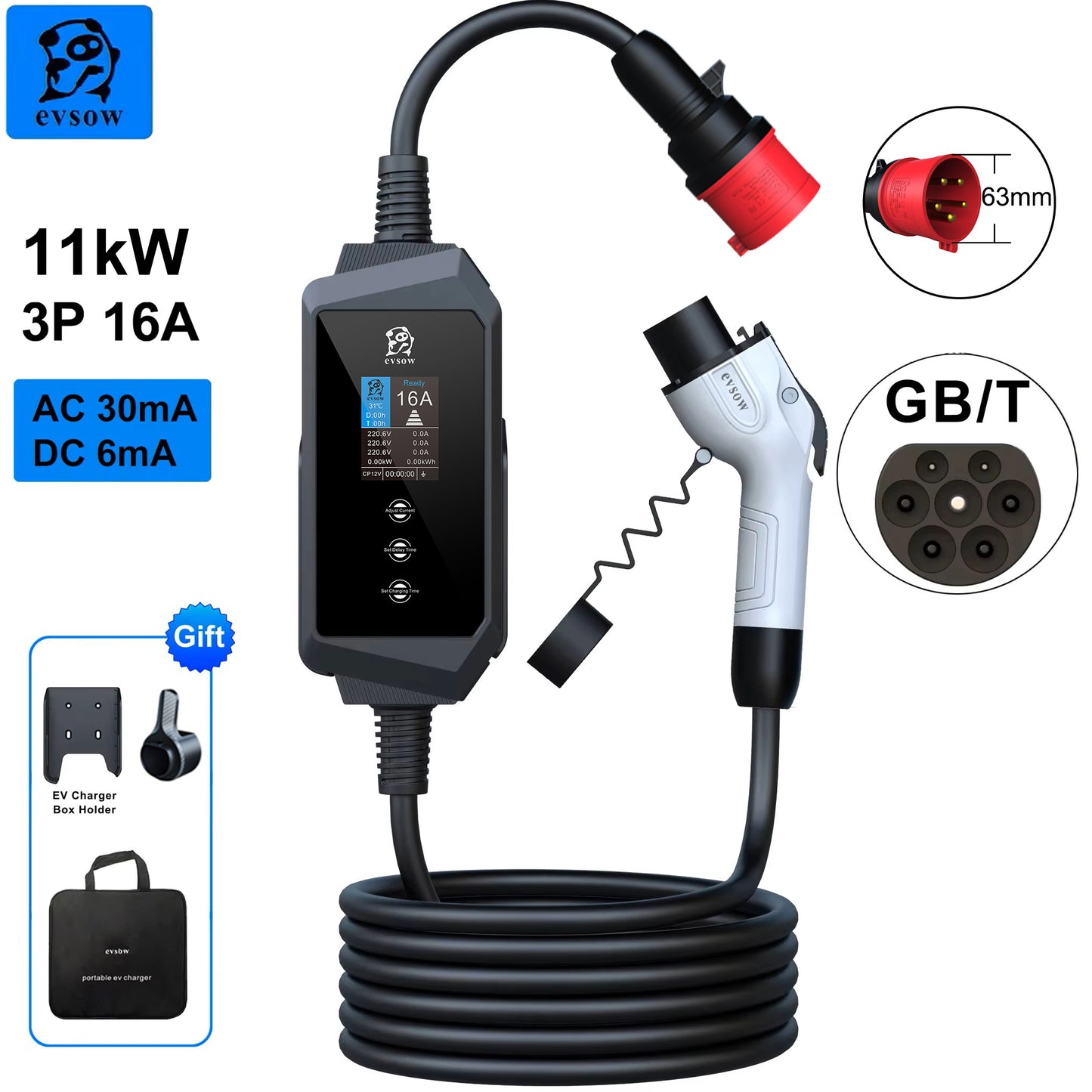 evsow Portable EV Charger GBT 11kW 16A Three Phase Wallbox Electric Car Charger Adjustable Current&Set Charging Time