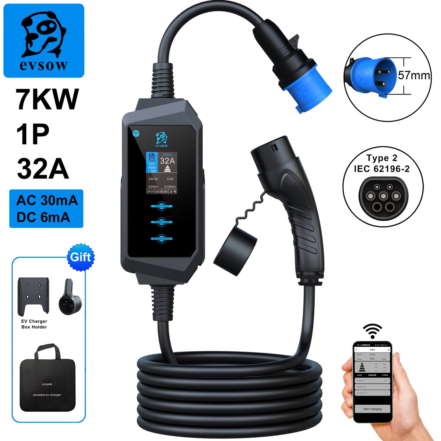 evsow Portable EV Charger Type2 IEC62196-2 7kW 32A Smart WIFI APP Control Adjustable Current&Set Charging Time EVES