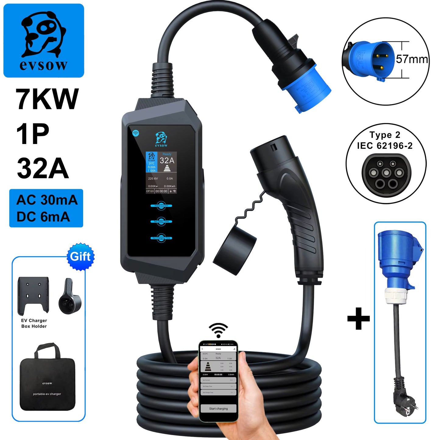 evsow Portable EV Charger Type2 IEC62196-2 7kW 32A Smart WIFI APP Control Adjustable Current&Set Charging Time EVES